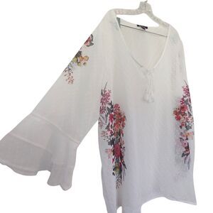 Roaman's Tunic Top Women 24W Plus Sheer White Long Sleeve V-Neck Tassels Floral